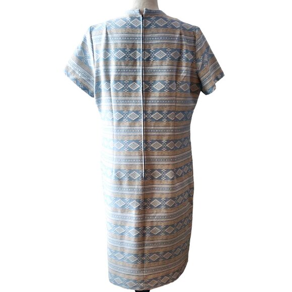 Vintage Lorac Originals Size L/XL? Blue Tan Textured Geometric S/S Sheath Dress - Picture 3 of 10